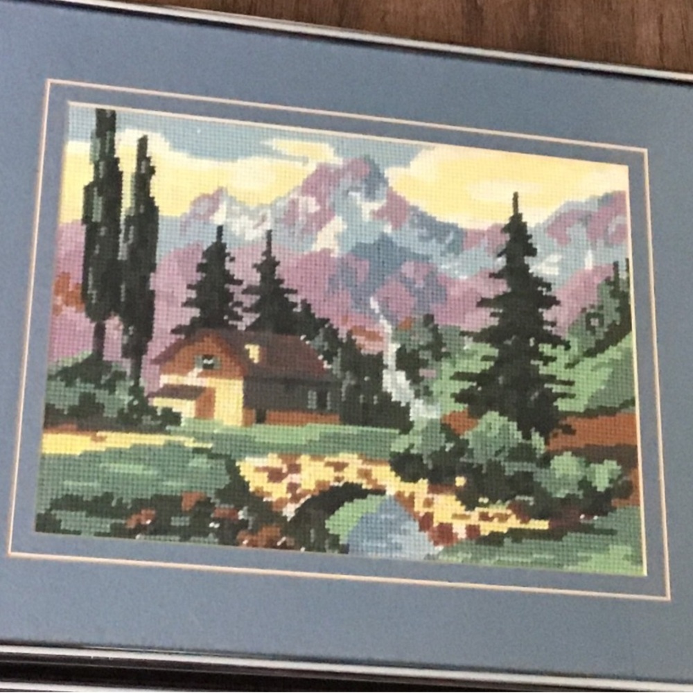 vintage  cottage core art  Framed Scenic CrossStitch Pair in Muted Blue Matsu